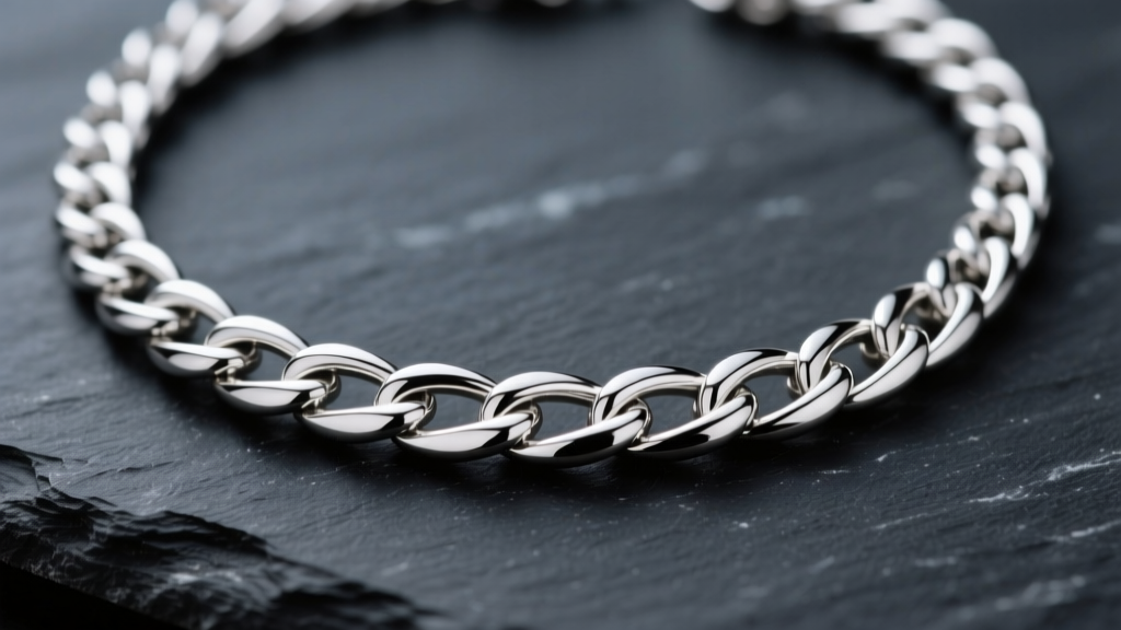 Macro photography of a 925 sterling silver figaro chain link necklace with a polished finish against a dark slate background.