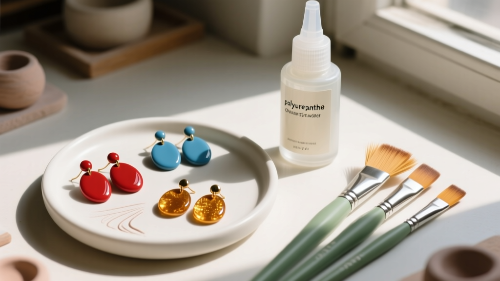 Overhead view of a workspace showing freshly baked polymer clay earrings, polyurethane sealer, and soft brushes under warm light