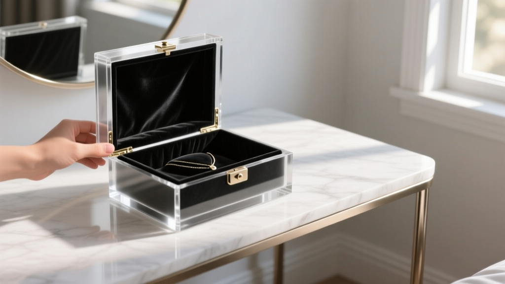 Beginner opening a frosted acrylic jewelry vault lined with black anti-tarnish velvet, resting on a modern bedroom vanity desk