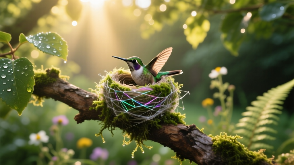 Tiny hummingbird nest woven with spider silk and moss resting on an oak branch in a lush, cultivated native backyard habitat