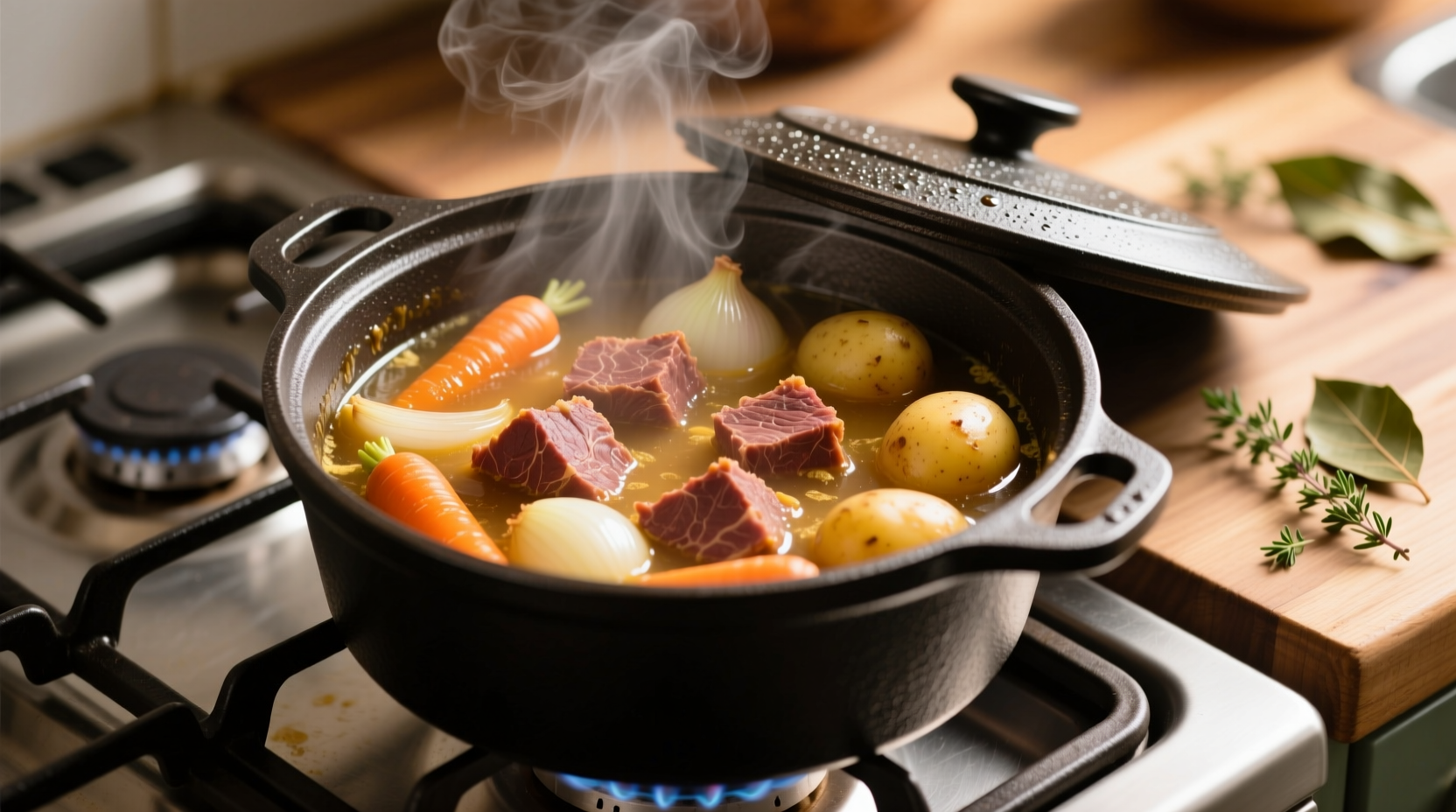Corned beef simmering in a pot with vegetables