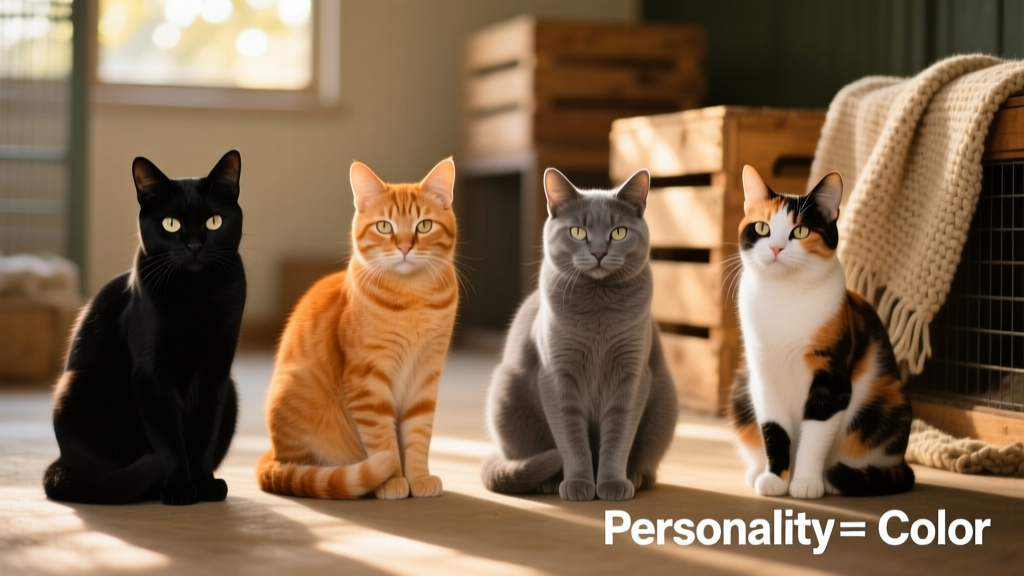 A diverse group of shelter cats—black, orange, gray, and calico—sitting calmly side by side, demonstrating that personality varies widely regardless of coat color