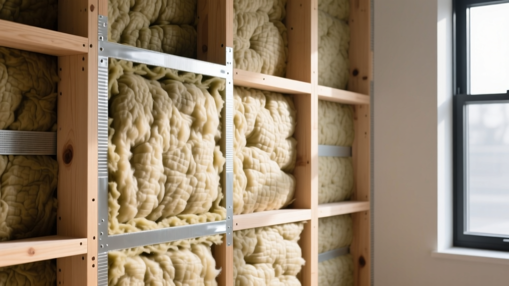 Cross-section of a residential wall showing dense mineral wool batts and acoustic sealant installed between staggered wooden studs