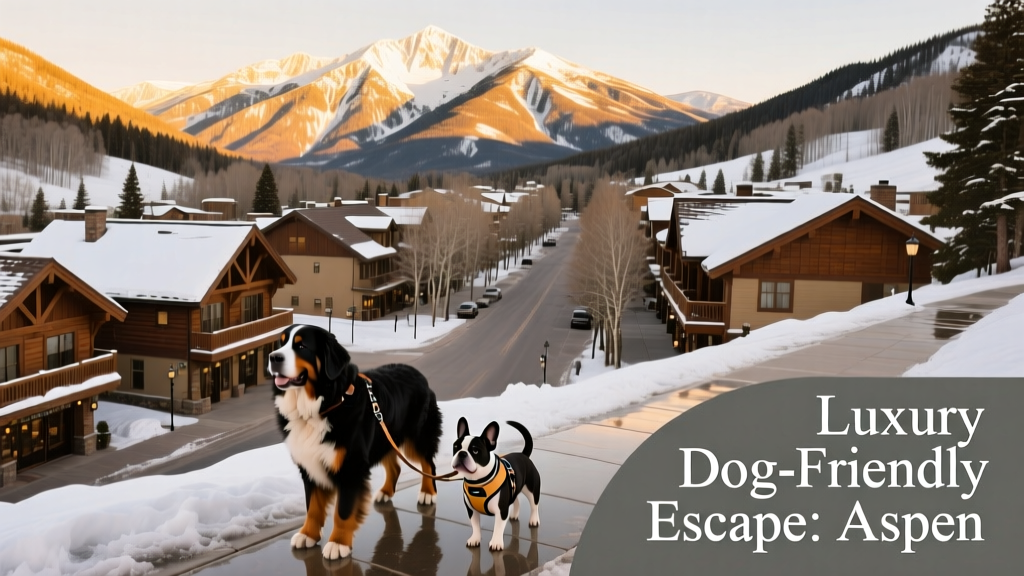 Aerial view of Aspen’s snowy mountains and charming downtown with dogs walking alongside owners