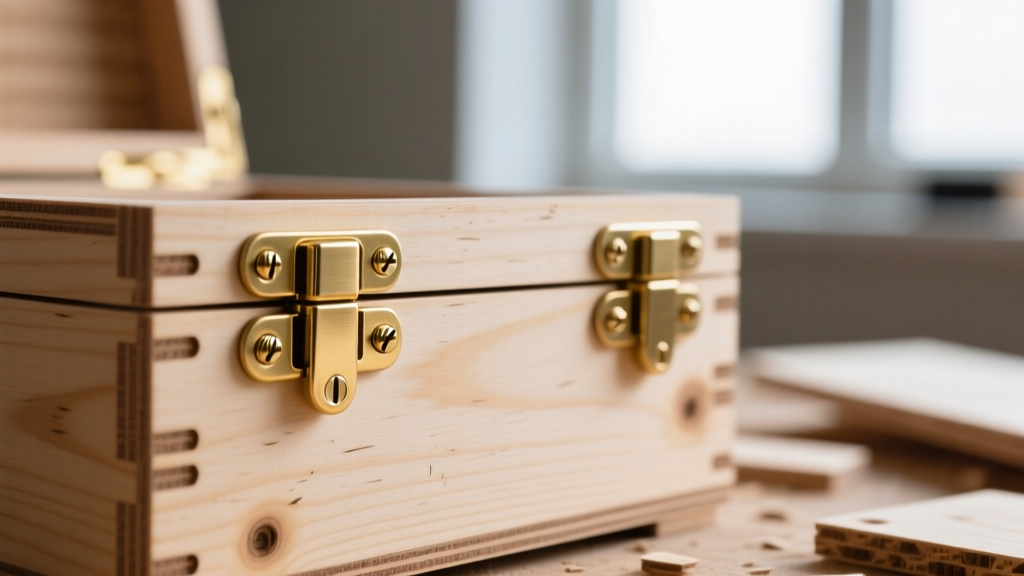 Close-up of solid brass butt hinges installed on a laser-cut Baltic birch plywood travel jewelry box using brass micro-screws