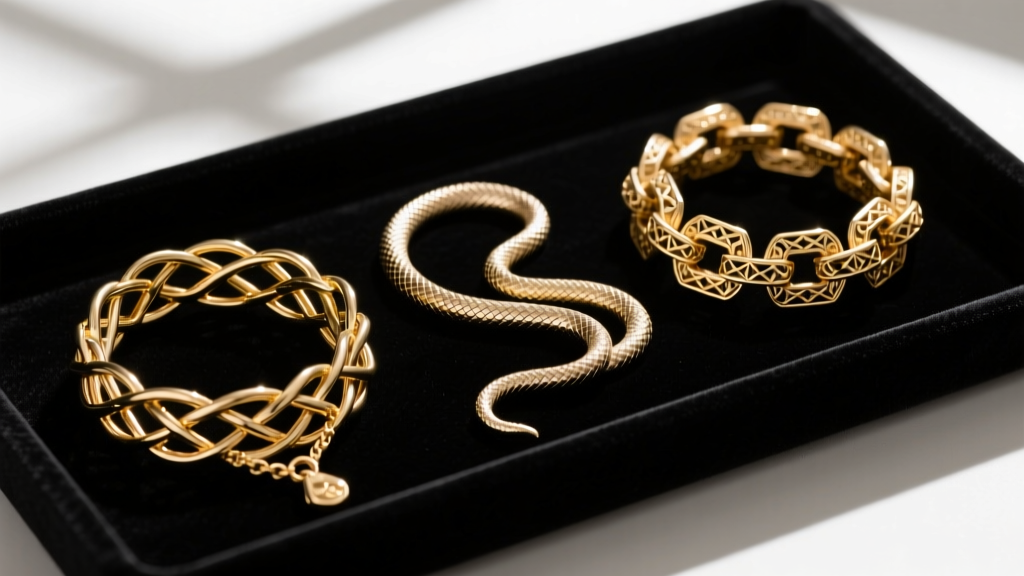Macro shot of flat Milanese gold mesh, a snake chain, and Byzantine links resting side-by-side on a dark velvet tray.