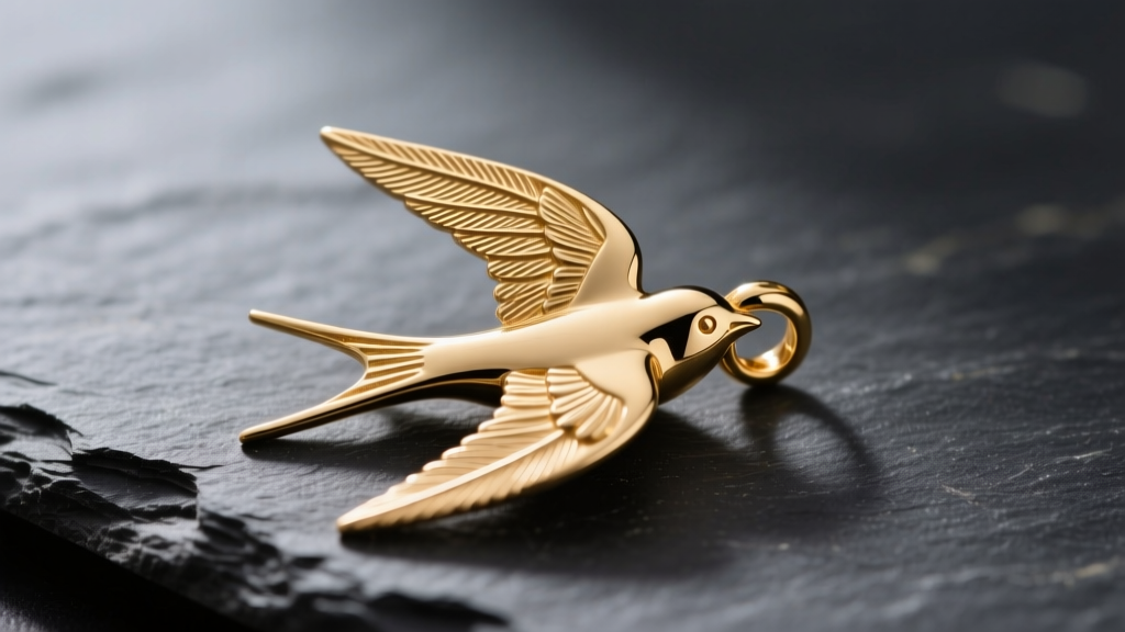 Macro photo of a 14k gold swallow pendant on dark slate, showing intricate lost-wax cast feather textures and a hidden bail loop.