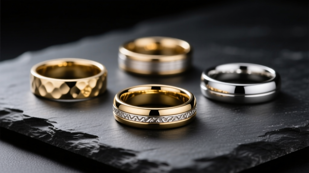 Macro shot of gold, platinum, and silver rings on dark slate, lit by soft studio lighting to highlight varied metal textures.