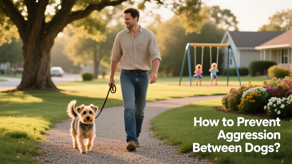 A calm small dog on leash beside its owner, walking confidently in a neighborhood park