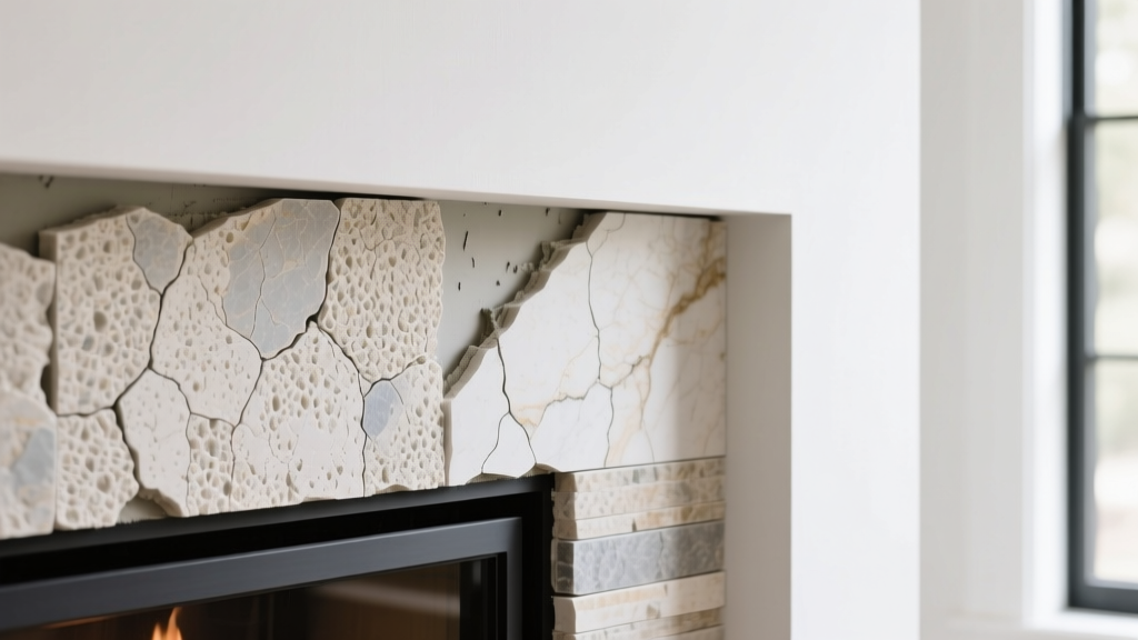 Close-up of ultra-thin manufactured stone veneer panels applied with polymer-modified thinset to a drywall fireplace surround