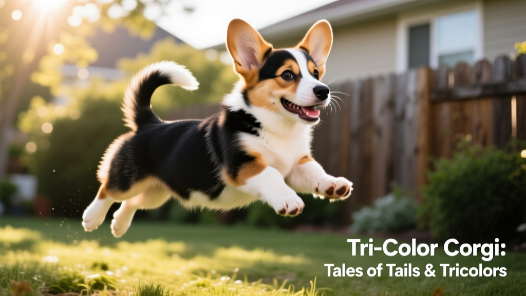 A playful tri-color corgi puppy mid-leap, capturing its energetic spirit and classic coat pattern