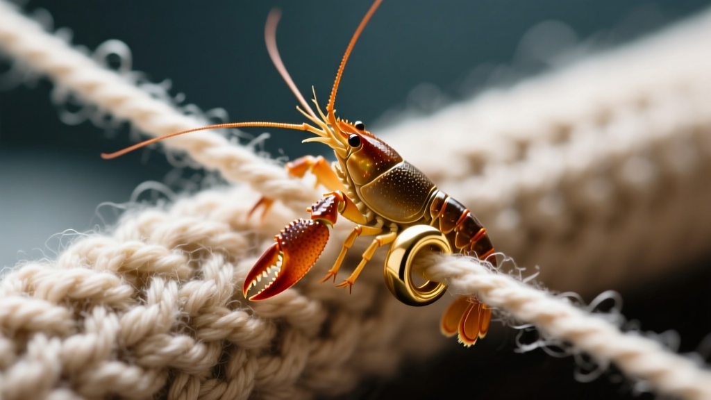 Extreme close-up of a small gold lobster clasp caught on a knitted blanket thread, highlighting the tension and risk of breakage.