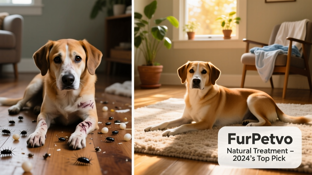 Before-and-after photos showing reduction in flea activity on dog and in home environment after using FurPetVo natural treatment regimen
