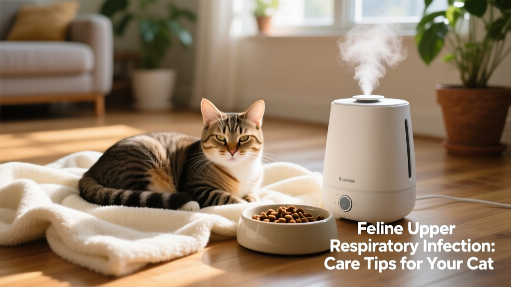 Cat resting comfortably on a soft blanket with a humidifier nearby and warm food bowl within reach
