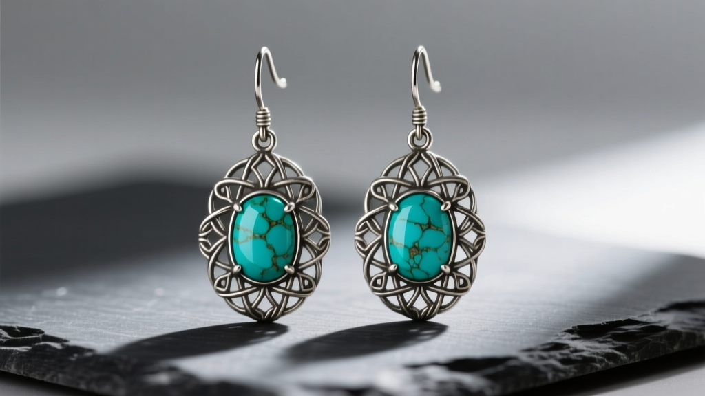 Close-up of heavy Berebi drop earrings featuring oxidized sterling silver filigree and turquoise cabochons resting on dark slate