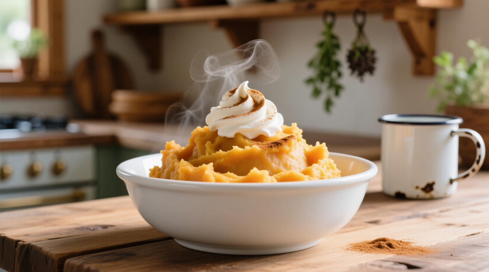 Creamy sweet potato mashed potatoes in white bowl