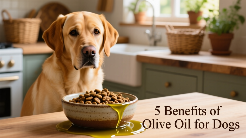 A golden-brown dog sitting calmly beside a small bowl of olive oil drizzled over kibble