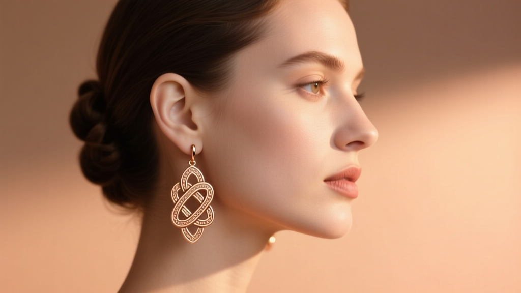 Side profile of a woman wearing 14k rose gold Celtic knot drop earrings, hair swept up, against a softly blurred warm background.