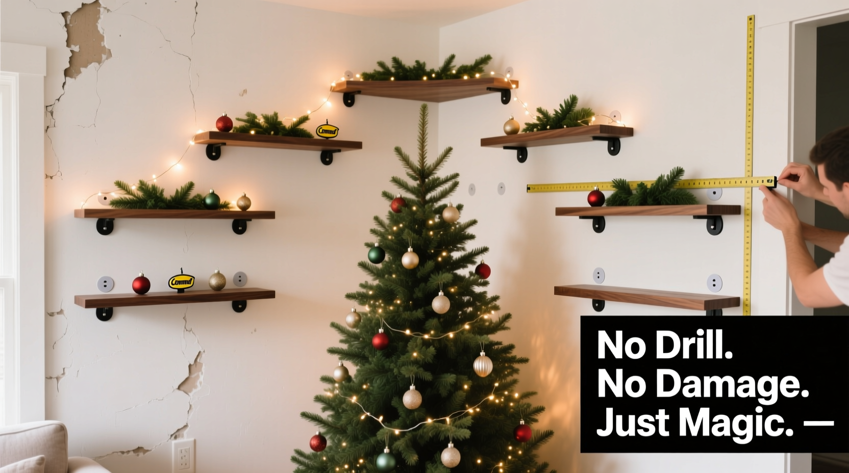 how to mount floating shelves around a christmas tree without drilling into studs or ruining wall texture