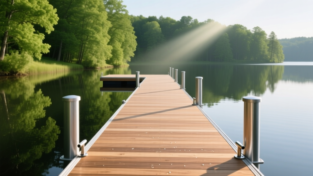 Wooden and composite boat dock extending into a calm lake with aluminum pilings and cleats, surrounded by lush green shoreline trees