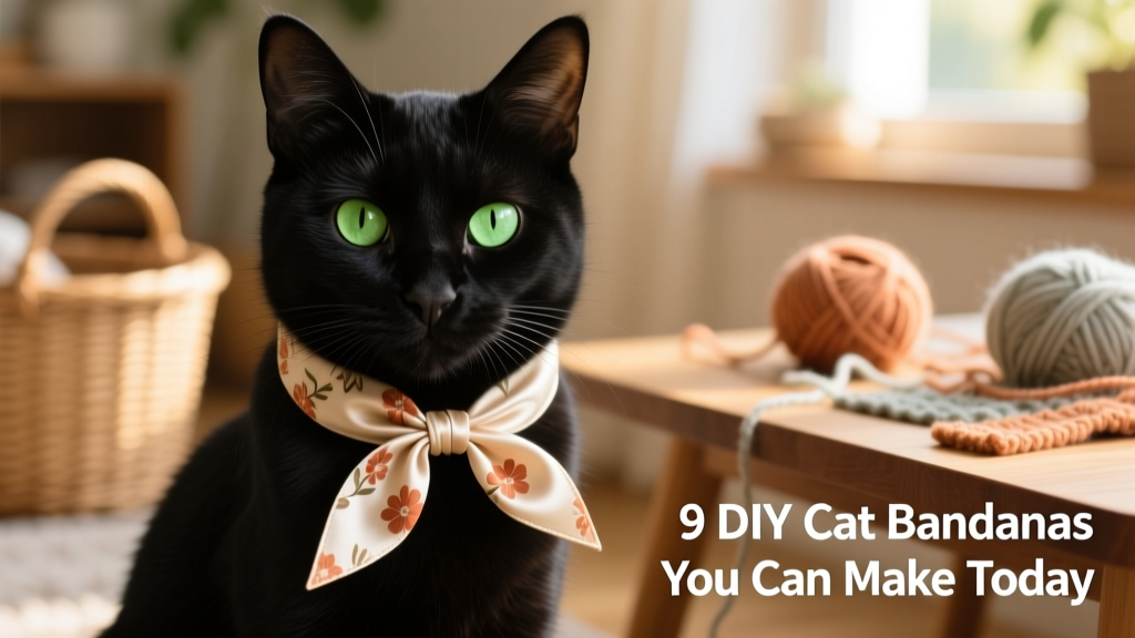 Close-up of a black cat wearing a delicate satin ribbon bandana tied in a small bow beneath its chin