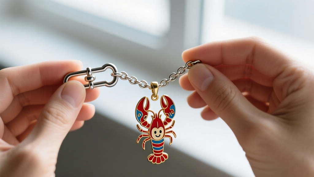 Jeweler inspecting a lobster clasp and soldered jump ring on a 1.5mm steel rolo chain attached to an enamel character pendant
