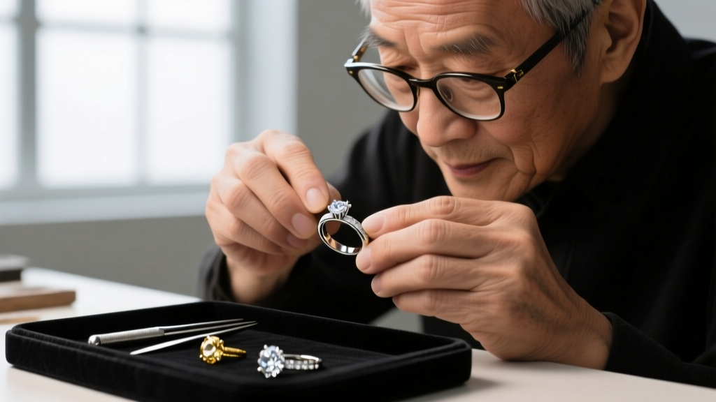 Detailed view of a jeweler's hands tying a double surgeon's knot with clear UHMWPE thread between two polished sunrise shells.