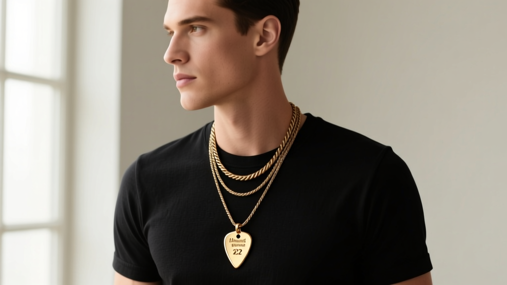 Male model wearing a layered necklace featuring a polished brass guitar pick pendant on a 22-inch rope chain over a black t-shirt.