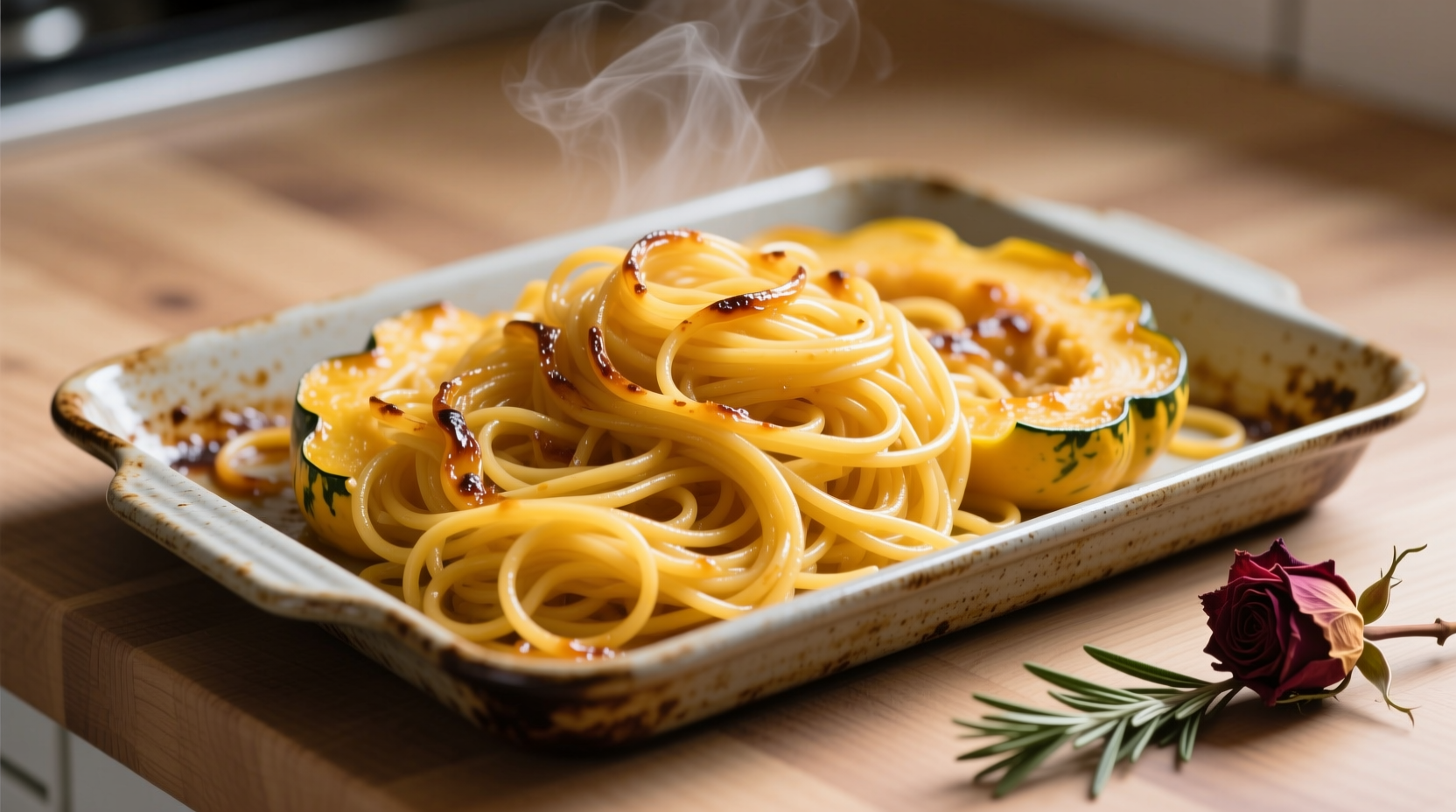 Perfectly cooked spaghetti squash strands on baking sheet