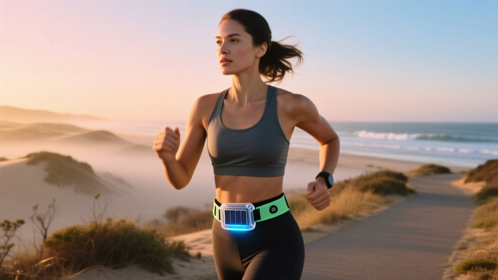 Woman jogging at dawn with a recycled polycarbonate solar-powered personal alarm clipped to her eco-friendly running belt.
