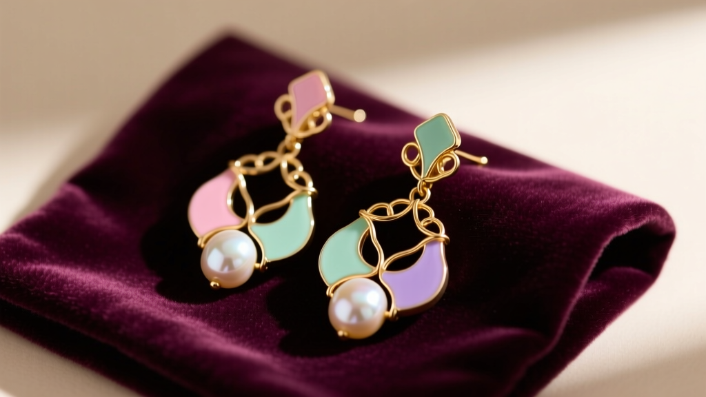 Mixed-media whimsical earrings with gold wire, pastel enamel, and baroque pearls resting on a soft velvet jewelry cleaning cloth.