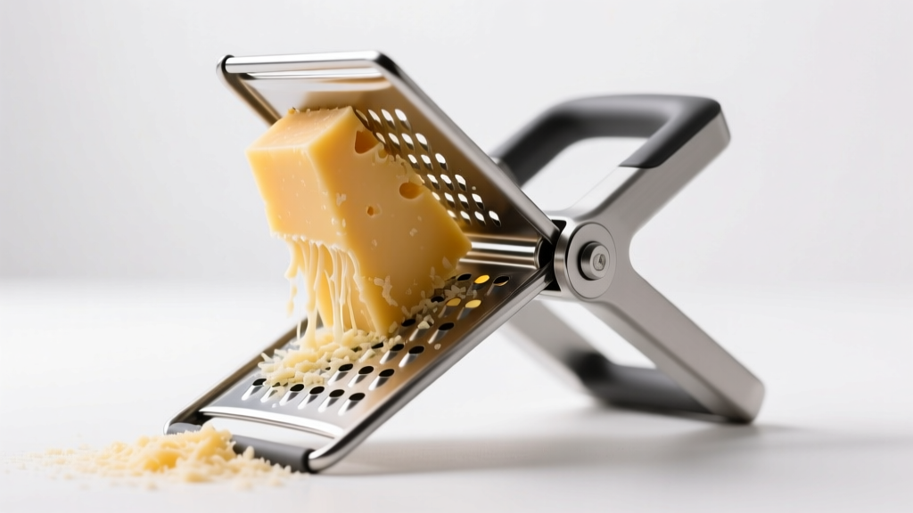 Joseph Joseph FoldFlat grater shown half-folded with freshly grated parmesan cheese, highlighting the compact storage hinge mechanism