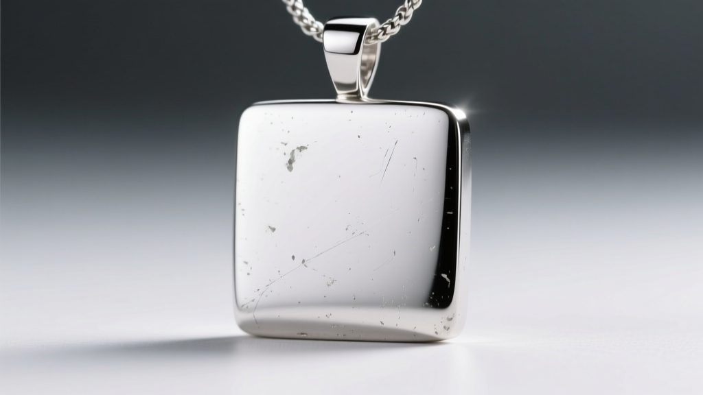 Macro photo of a silver square pendant corner showing slight blunting and micro-scratches on the flat plane from daily wear