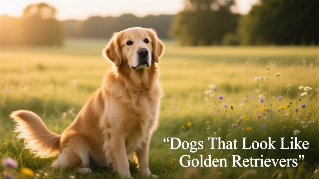A friendly Golden Retriever sitting on a sunlit grassy field, head tilted slightly, tail wagging