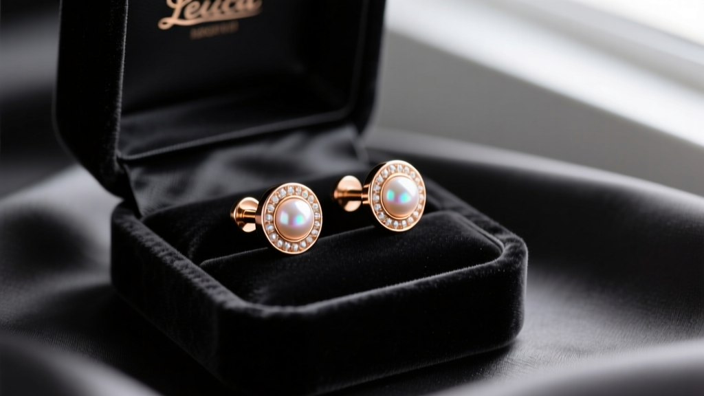 Velvet box displaying 2-gauge rose gold screw-on faux stud plugs with pearl inlays on dark silk fabric, macro jewelry photography.