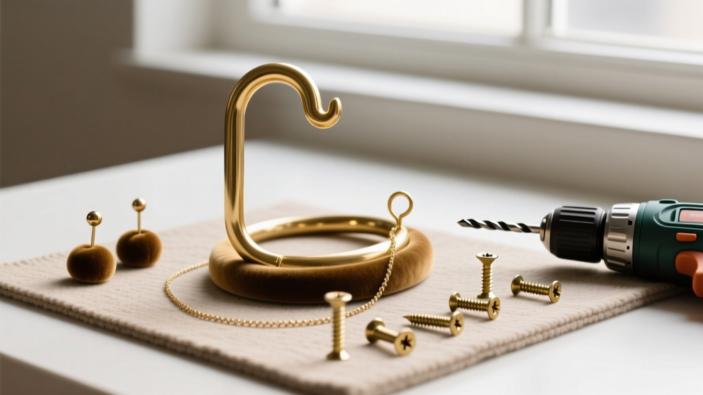 Brass L-hooks and velvet pegs on a mat next to a drill with a 3/32 inch bit and brass screws for a custom necklace hanger build