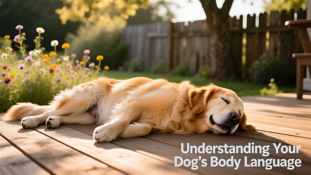 A happy, relaxed dog lying on its side with belly exposed, tail loosely resting, eyes soft and mouth slightly open