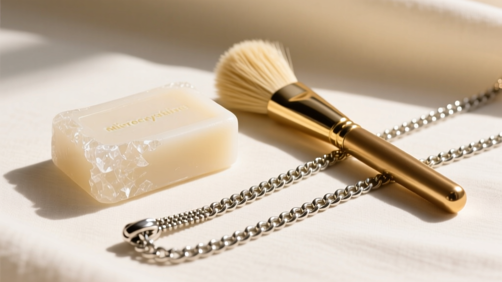 Flat lay of jewelry cleaning supplies including microcrystalline wax, soft brass brush, and a polished silver zipper chain