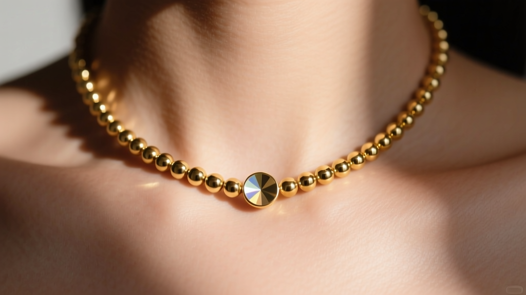 Close-up of 14k gold flat bead necklace on collarbone, showing 10mm lenticular disc geometry under soft, warm studio lighting