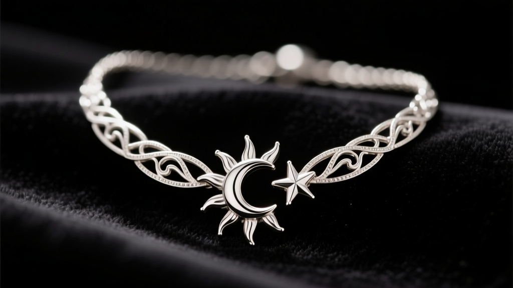 Close-up of a sterling silver sun moon star necklace resting on dark velvet, illuminated by soft, warm directional studio lighting.