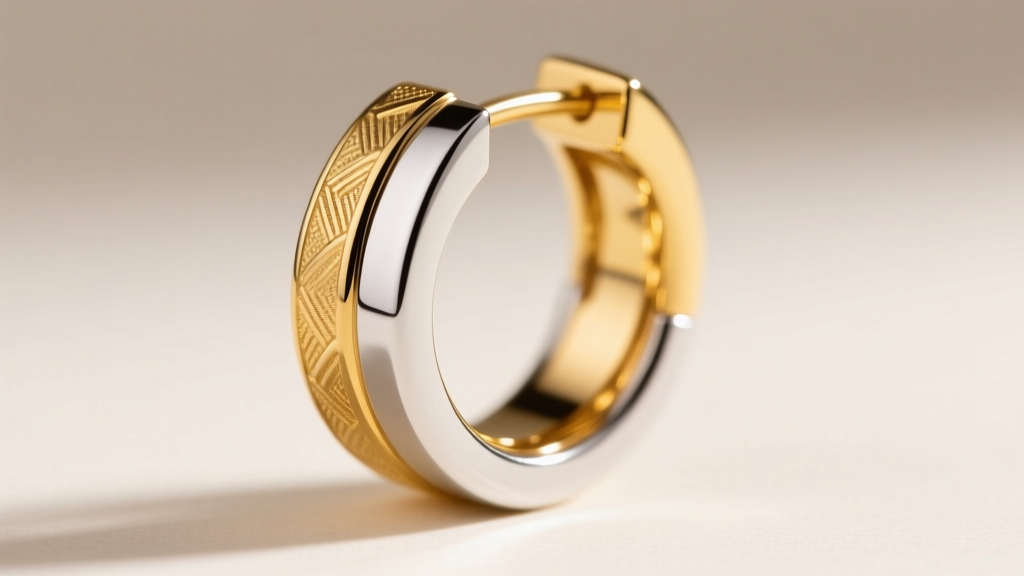 Macro shot of a two-tone earring showing a seamless laser-welded joint between 14k yellow gold and rhodium-plated white gold.