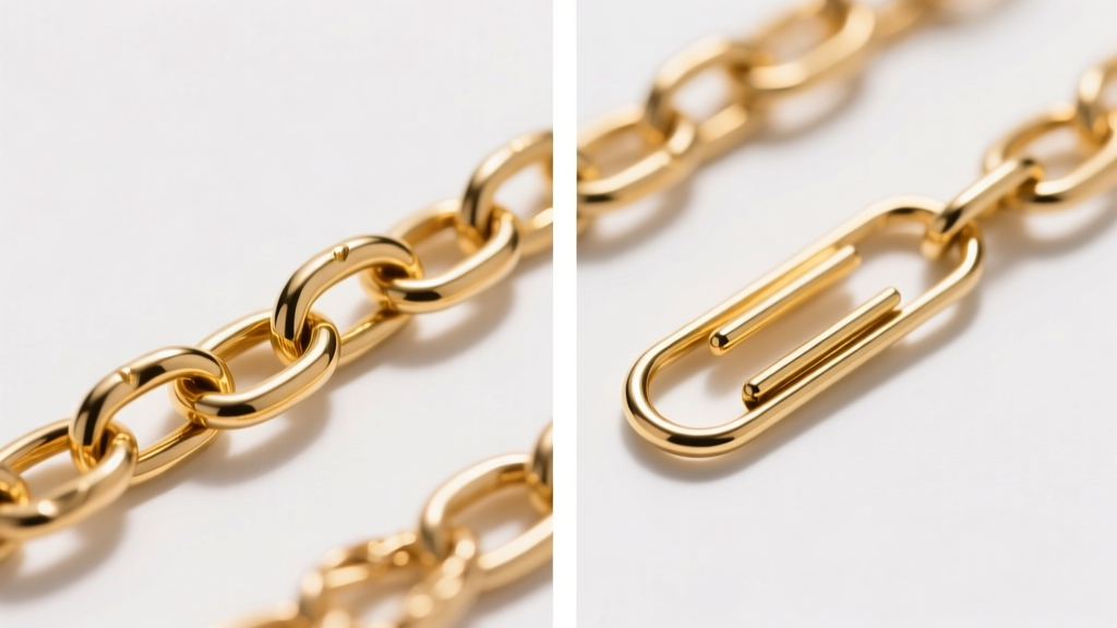 Side-by-side macro of 14k and 18k gold paperclip chains, showing subtle color variation, link thickness, and tensile structure.