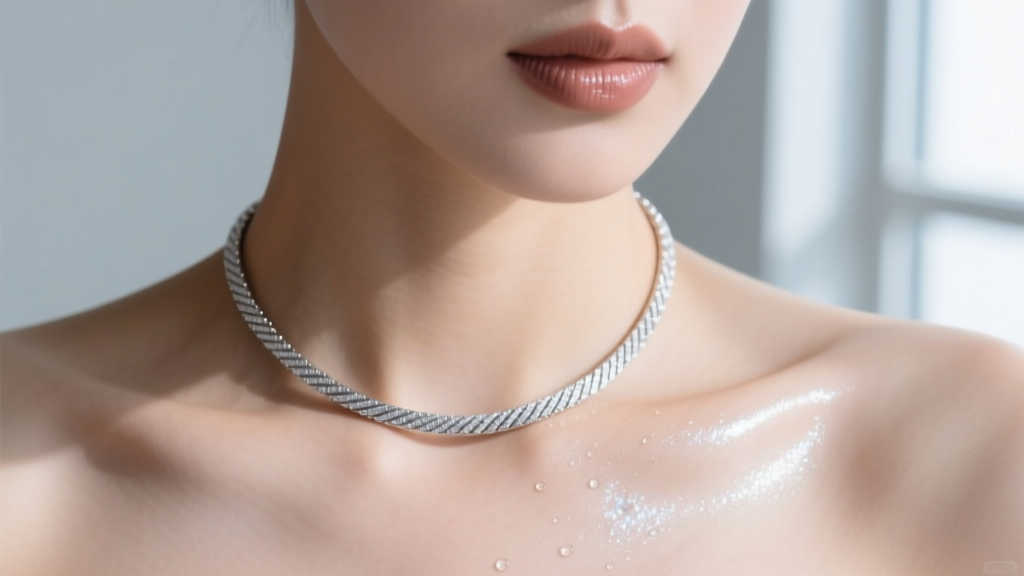 Macro shot of a brushed platinum necklace on a collarbone with subtle dewy liquid highlighter and minimal, natural base makeup