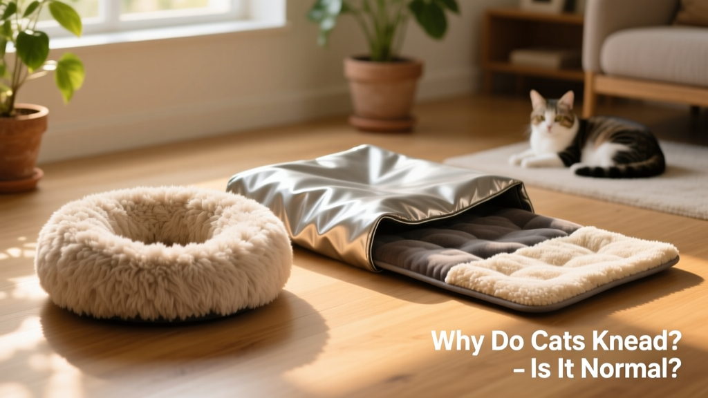Three high-quality FurPetVo pet products arranged neatly: a shaggy donut bed, a waterproof blanket, and a reversible sherpa mat