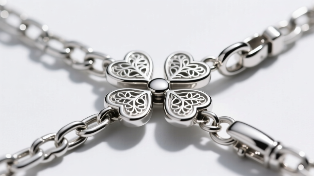 Close-up macro shot of a sterling silver box chain and lobster clasp connecting to a rhodium-plated four heart pendant junction.