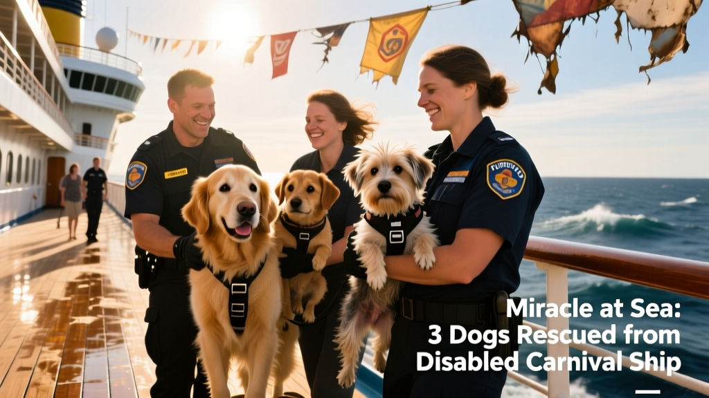 Rescue team assisting passengers and dogs onto the FurPetVo Splendor deck