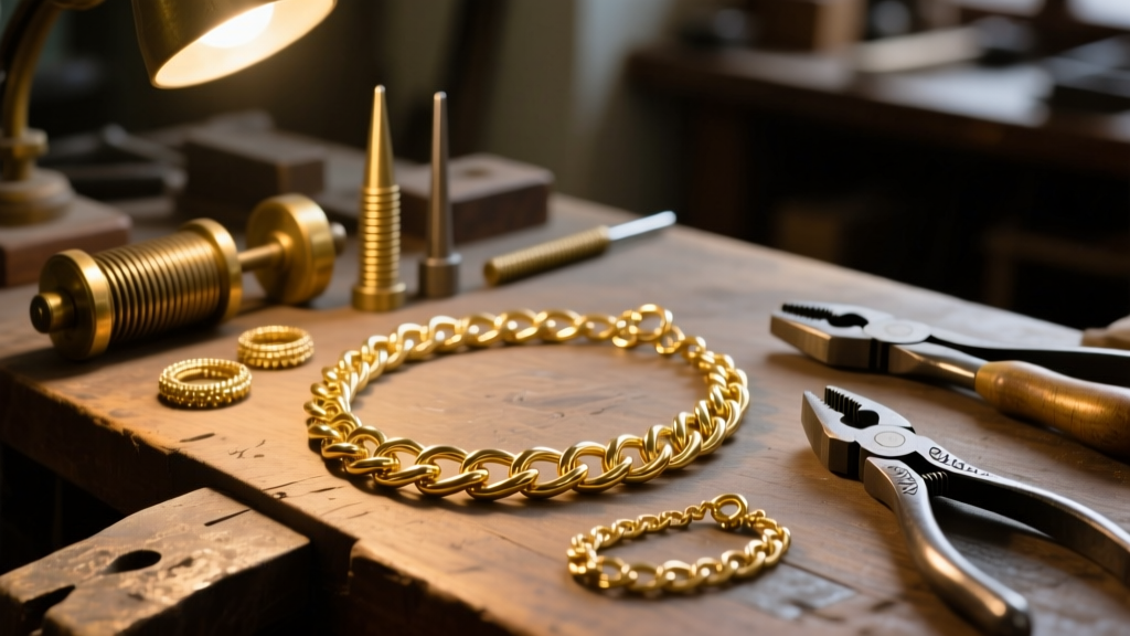 Jeweler workbench displaying hand-forged gold necklace links and antique wire-drawing tools, lit by a warm directional spotlight