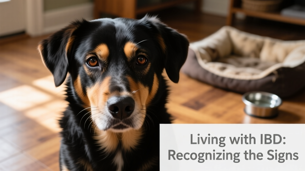 Close-up of a dog’s face looking alert but slightly tired, suggesting subtle signs of GI discomfort