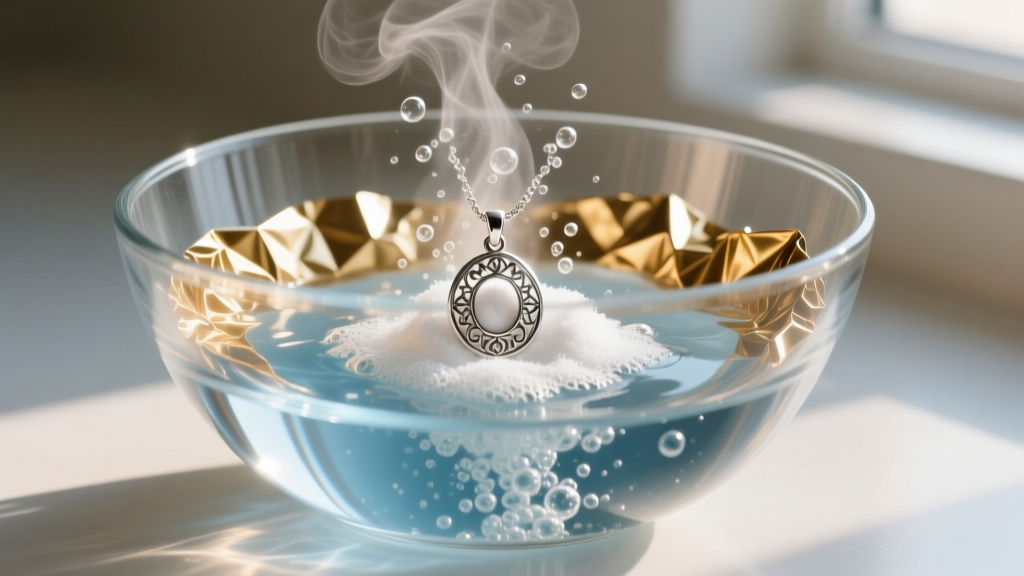 Glass bowl lined with foil, hot water and baking soda, showing a submerged silver pendant bubbling in the cleaning solution