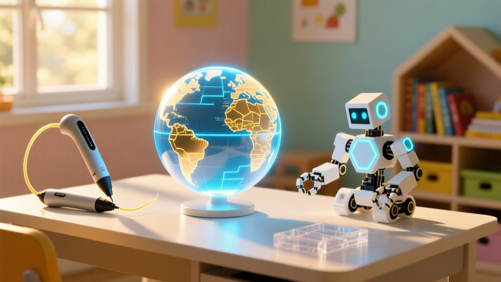 A vibrant playroom desk showcasing a glowing AR globe, a 3D printing pen, and a modular robot, illuminated by warm afternoon sunlight.